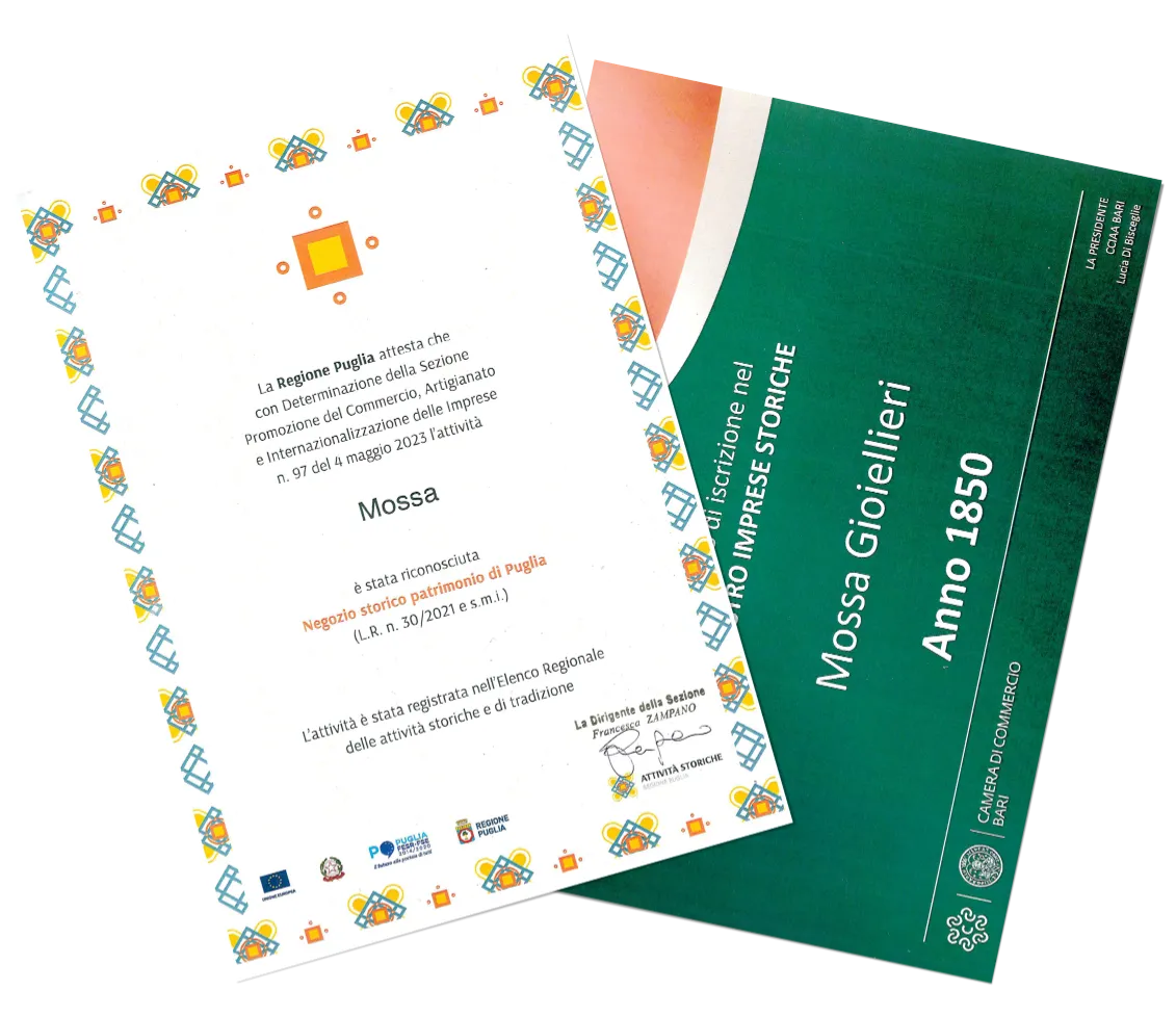 Mossa Gioiellieri Bari, attestato di riconoscimento Negozio storico patrimonio di Puglia